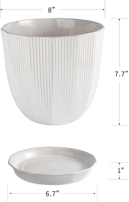 ADN Ceramic Planter - Large Plant Pot Indoor Ceramic Pots for Plants with Drainage Hole and Saucer for Home Decor, White, 8 Inch
