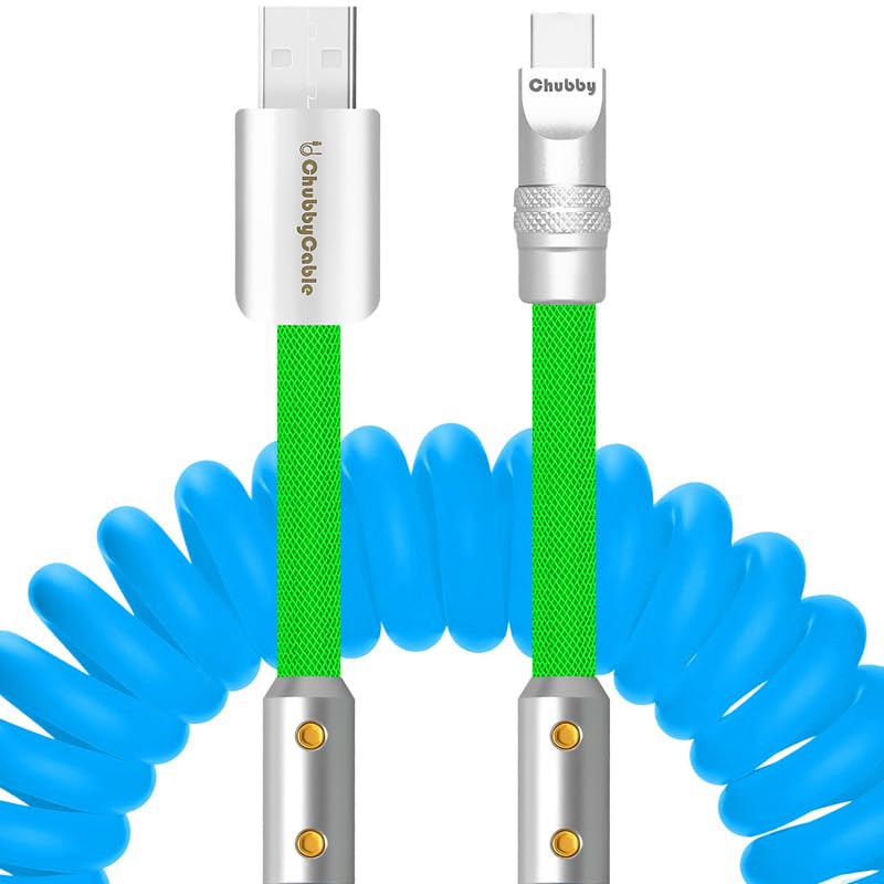 chubbycable Colorblock Chubby - Spring Braided Silicone Charge Cable Coiled USB C Cable Fast Charging Type C Charger Cord for Car, Blue+Green, USB-A to Type-C, 2.29FT-3.6FT