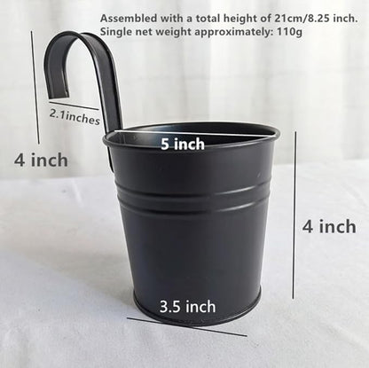 Vintage Hanging Cup Holders with Removable Hooks -5 Pack Metal Iron Buckets Hanging Flower Pots Wall Fence Hanging Planter-Storage Box, Drainage Holes -5''Diameter Vase Decoration (Deep Purple)