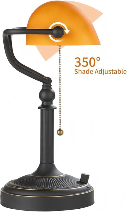 Newrays Matted Amber Glass Bankers Desk Lamp, Stepless Dimmable Table Lamp Plug