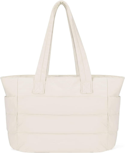 Puffer Tote Bag with Zipper for Women, Lightweight Quilted Handbag with Laptop Compartment for Work Nurse