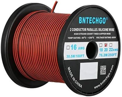 BNTECHGO 20 Gauge Flexible 2 Conductor Parallel Silicone Wire Spool Red Black High Resistant 200 deg C 600V for Single Color LED Strip Extension Cable Cord,Model,250ft Stranded Tinned Copper Wire