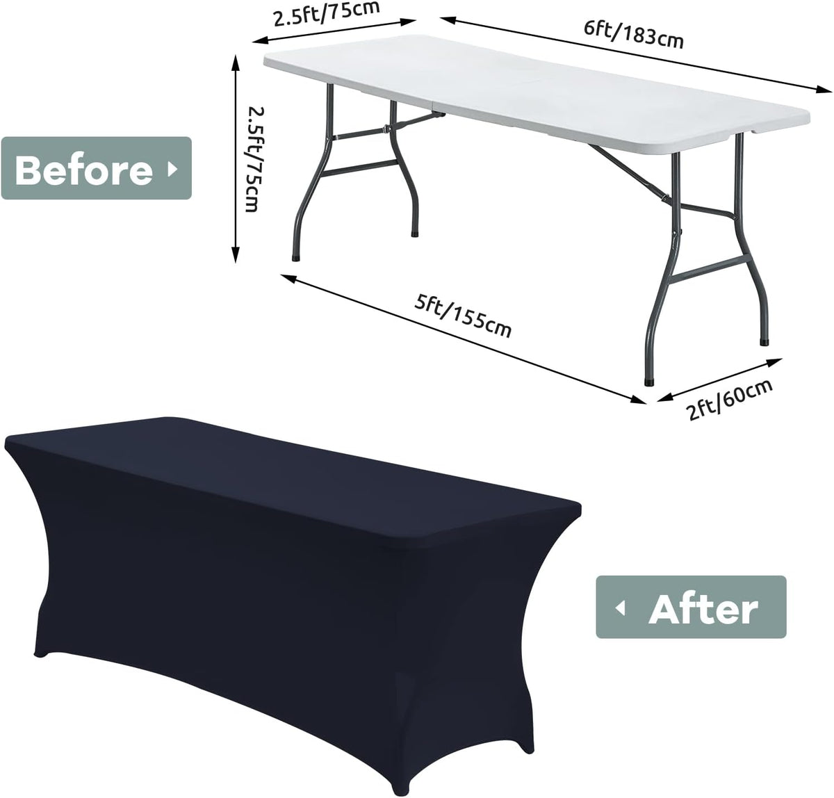 CWK 6FT Waterproof Stretch Spandex Table Cover for Rectangular Tables - Elastic Fitted Tablecloth for Folding Tables,Wrinkle Resistant Table Cloth for Parties, Weddings, Banquets & Events (Navy Blue)