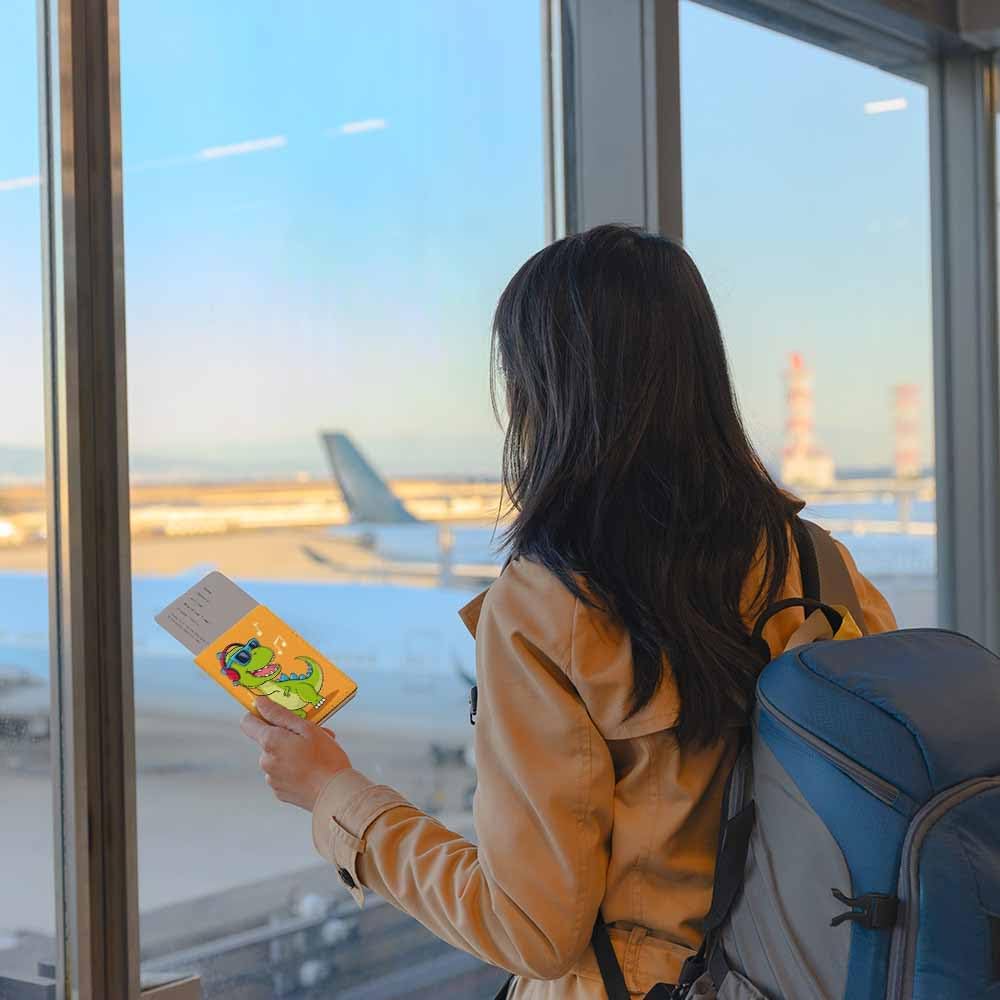 Dinosaur Passport Holder for Travel Musical Dinosaur with Headphones PU Leather Passport Cover Wallet Cute Passport Card Holder for Women and Men