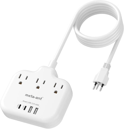 Brazil Power Adapter with 5FT Extension Cord, meta-ant US to Brazil Travel Plug with 3 American Outlets and 4 USB Charger Port(2 USB C), Type N Adaptor for USA to Brazilian Brazil, White
