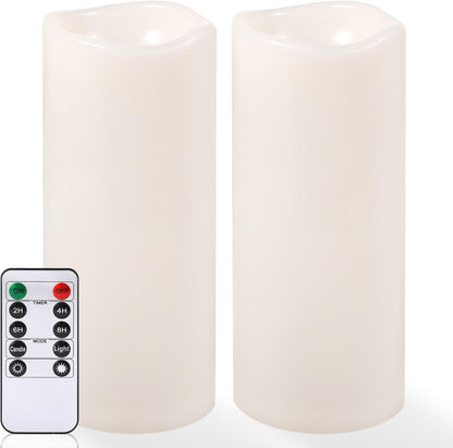 NURADA Large Outdoor Flameless Candles 10" x 4" - Waterproof LED Pillar Flickering Candle Battery Operated with Timer Remote Control for Patio Porch Lanterns Decor - Long Lasting Set of 2
