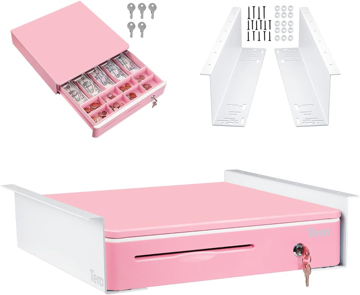 Tera 16" Auto Open Cash Register Drawer with Universal Under Counter Mounting Metal Brackets (Round Corner) Heavy Duty Insert Tray 5 Bill 8 Coin Removable Cash Tray for POS Small Businesses Store 405R