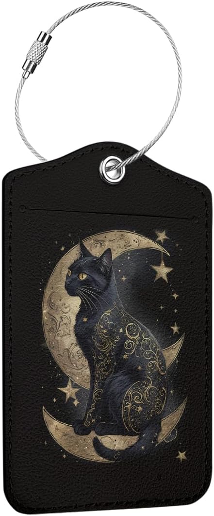 Cat Moon Luggage Tag, Suitcase Tags with Privacy Flap and Metal Loop, Luggage Tags for Suitcases, Identifiers Travel Essentials Bag Tag, Cat Lovers Gifts for Women Girls Friends Sister