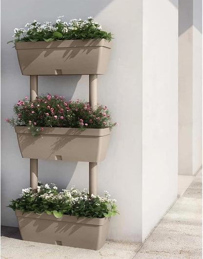 Stackable Garden Planter Set of 3 Taupe 39.4 Inch with Water Reservoir, Expandable Patio Planter Boxes for Balcony Terrace, DIY Vertical Gardening System, Durable TPR Outdoor