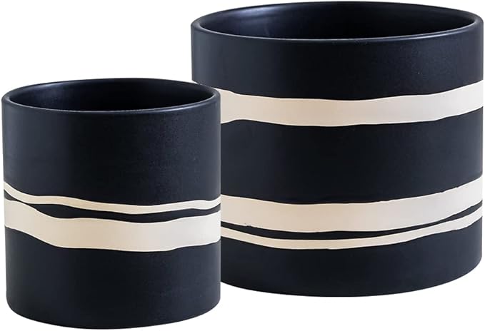 Nihow Modern Ceramic Plant Pot - 5 + 7 Inch Flower Pot for All Indoor Plants - Sturdy Planter Pots with Drainage Hole & Rubber Plugs - Semi-Matte Black & Nature - Plants Not Included