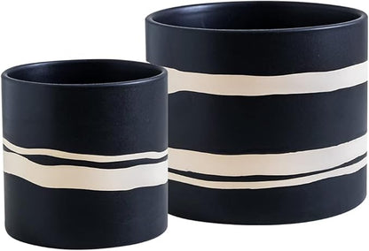 Nihow Modern Ceramic Plant Pot - 5 + 7 Inch Flower Pot for All Indoor Plants - Sturdy Planter Pots with Drainage Hole & Rubber Plugs - Semi-Matte Black & Nature - Plants Not Included