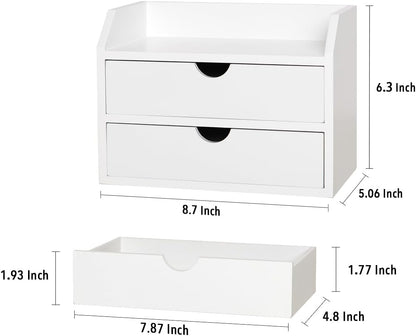 ROSE BLOOM White Wood Desk Organizer with 2 Drawer, Mini Cute Cabinet with Storage Shelf for Tabletop, Small Desktop Box Organizer for Cosmetic Office Supplies