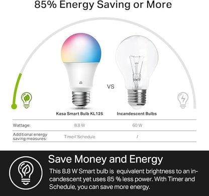 Kasa Smart Light Bulbs, Full Color Changing Dimmable Smart WiFi Bulbs Compatible with Alexa and Google Home, A19, 9W 800 Lumens,2.4Ghz only, No Hub Required, 4 Count (Pack of 1), Multicolor (KL125P4)