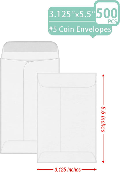 500 PCS #5 Coin Envelopes, 3.125 x 5.5 inches White Kraft Envelopes Classic Small Parts Envelopes with Self Adhesive Gummed Flap for Coins, Cash, Credit Cards, Seeds