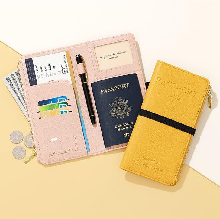 DOB SECHS Leather Passport Wallet for Women, RFID Blocking Passport Holder with Zipper for Travel, Credit Card Cover Case, Travel Document Organizer Pouch Bag +ID Window+Cash Pocket+SIM Slot, Pink