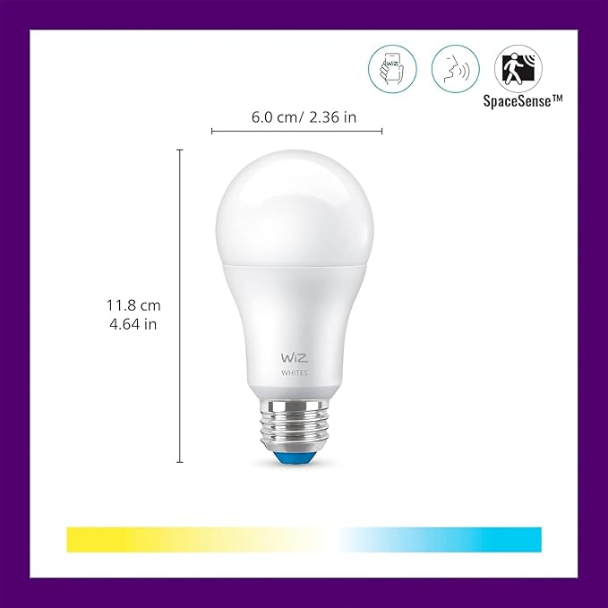 WiZ 60W A19 Tunable White LED Smart Bulb - Pack of 1 - E26- Indoor - Connects to Your Existing Wi-Fi - Control with Voice or App + Activate with Motion - Matter Compatible