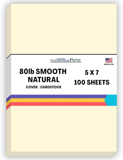 100 Natural Smooth Card Stock Sheets Paper - 5 X 7 Inches Photo Card Frame Size - 80# (80 lb/Pound) Cover Weight - Quality Paper - Smooth Finish