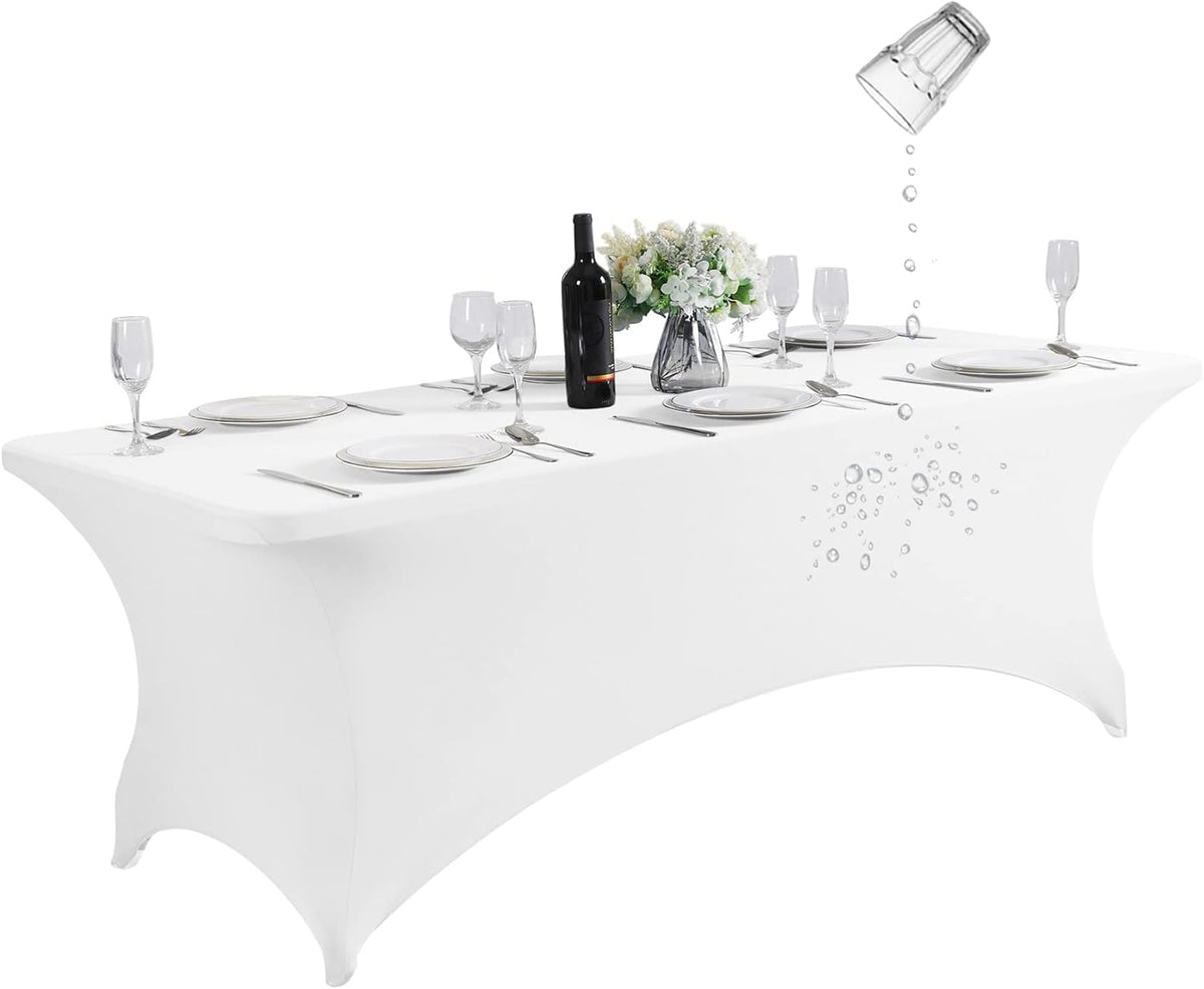 SuperO Waterproof Spandex Table Cover for 8FT Table Universal Fitted Stretch Tablecloth for Party, Banquet, Wedding and Events-White