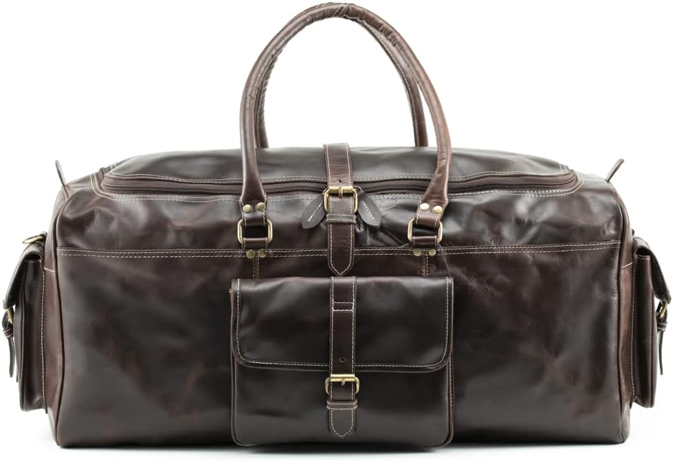 Buffalo Leather Duffle Bag for Men 24 Inches | Top Grain Leather Travel Bag | Large Overnight Weekender Holdall Bag | Vintage Classic Style Sports Gym Bag | Carry On Luggage Bag Best for Gift by Hulsh