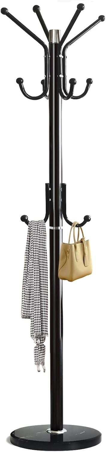 Kertnic Modern Coat Rack Freestanding with Natural Marble Base & Sturdy Metal Frame, 11 Hooks Hall Tree for Jackets, Hats, Bags, Entryway Organizer for Bedroom, Living Room, Closet (11 hooks-Black)