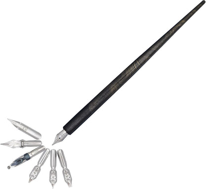 Gullor Wooden Dip Pen Calligraphy Set with Black Ink & 6 Nibs for Beginners, Kids, Writing, Signatures and Drawing, Black