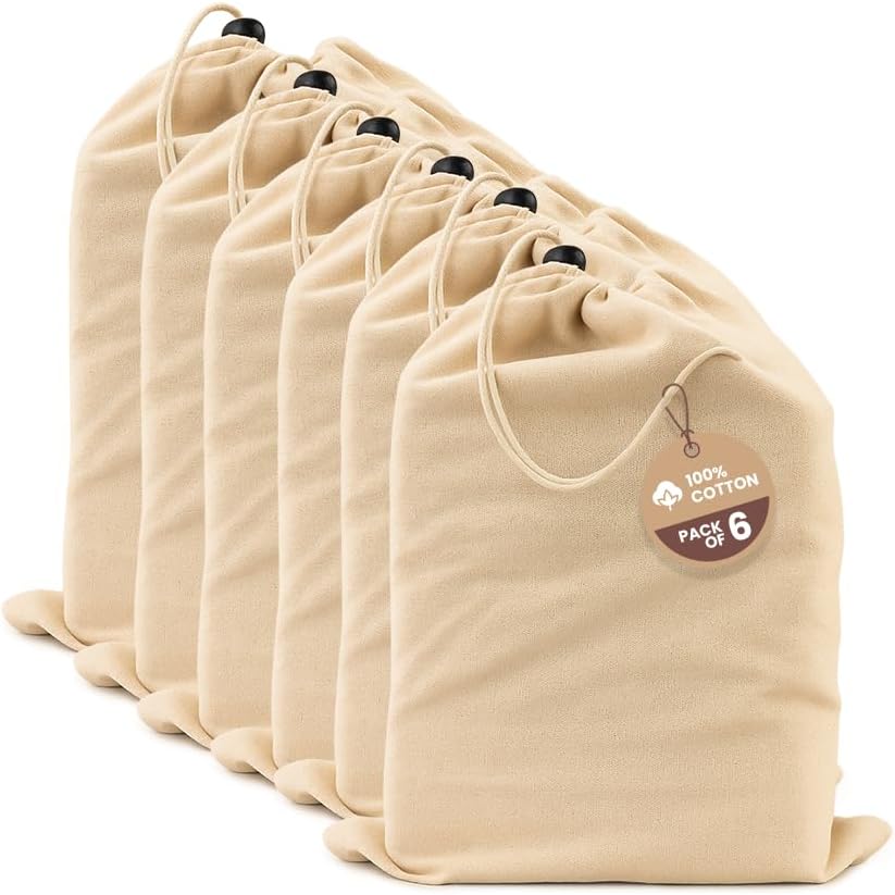 LFH Cotton Shoe Storage Bags with Drawstring, Dustproof Breathable Reusable Organizer, Perfect For Travel, Dorm, Hotel, College, Gym, Easy to Carry, Machine Washable 8"x17" (Pack of 6) - Natural