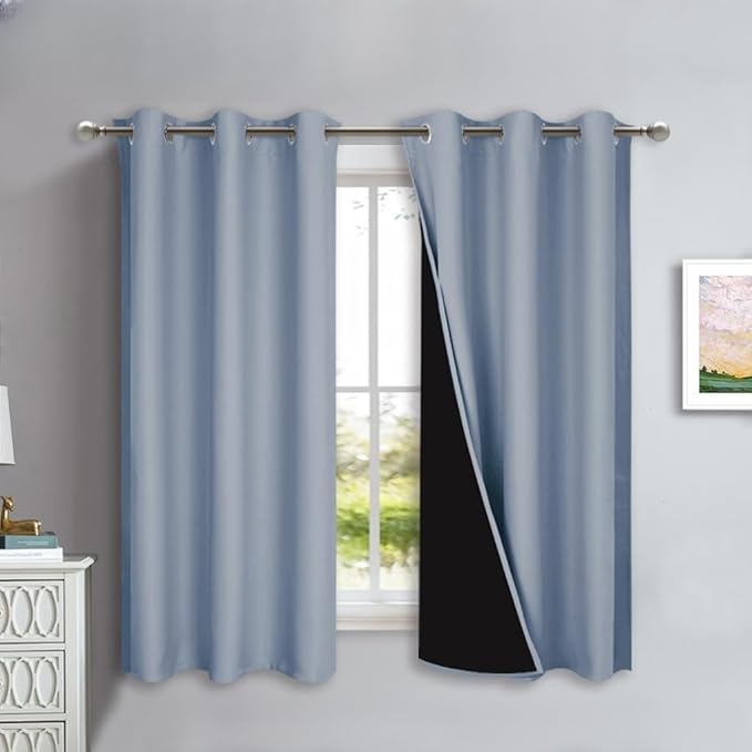 NICETOWN 100% Blackout Lined Curtains, Vintage Blue, 1 Pair, 42" Width x 63" Length Each Panel, 2 Thick Layers Completely Blackout Window Treatment Panels Thermal Insulated Drapes for Kitchen