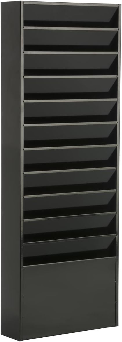 Displays2go File Folder Wall Rack with 11 Tiered Pockets, Shows Only The Top Portion of a File Folder, Office Filing Rack for Wall Mount - Black Powder-Coated Steel