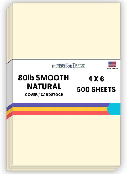 500 Natural Smooth Card Stock Sheets Paper - 4 X 6 Inches Photo|Card|Frame Size - 80# (80 lb/pound) Cover Weight - Quality Paper - Smooth Finish
