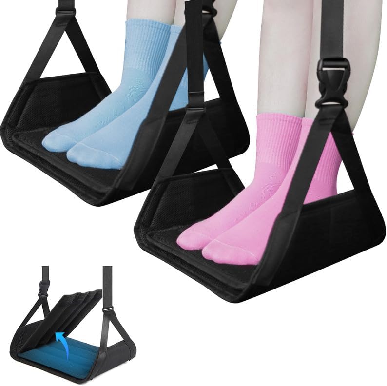Foot Hammock for Plane Travel, Upgraded Wide Airplane Foot Hammock with Detachable Hardboard, Portable Footrest for Air Travel Essentials Long Flights Flying, Adjustable Foot Rest Leg Hammock
