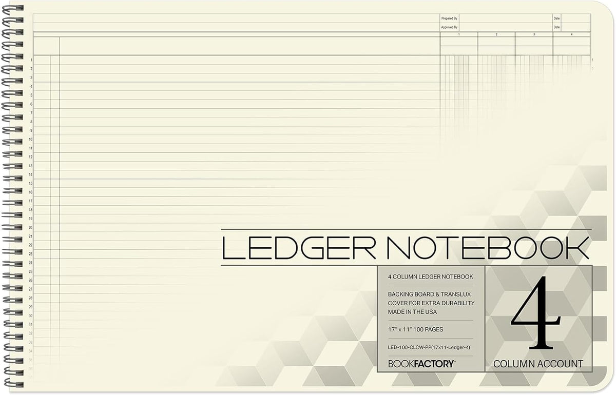 BookFactory Accounting Ledger Notebook/Large 4 Column Accounting Ledger Columnar (Four Columns) Log Book - 17'' x 11'', 100 Pages, Wire-O Landscape Format (LED-100-CLCW-PP(17x11-Ledger-4)-AX)