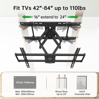 USX Mount Full Motion TV Wall Mount 42"-84" TVS, Fits 16" 18" or 24" Studs