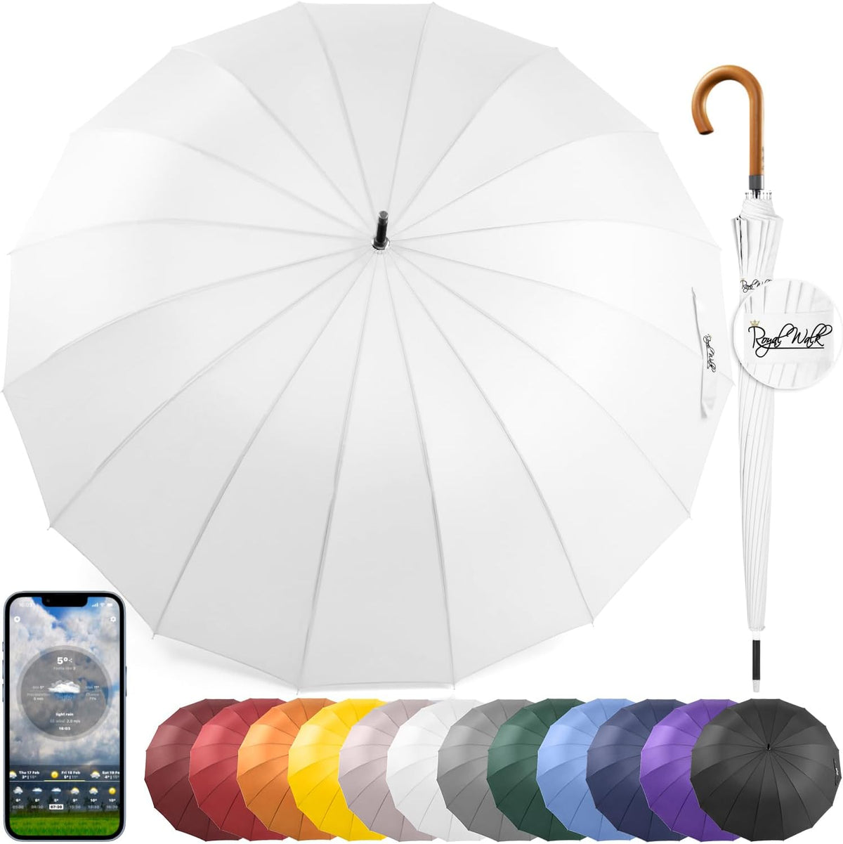 Royal Walk Windproof Large Umbrella for Rain 54 Inch Automatic Open for 2 Persons Wind Resistant Big Golf Umbrellas for Adult Men Women Classic Wooden Handle Fast Drying Strong 16 Ribs Travel 120cm