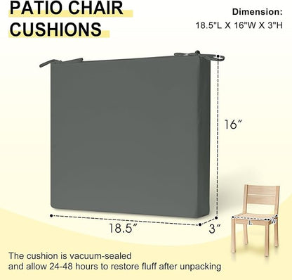 downluxe Outdoor Chair Cushions Set of 6 for Patio Furniture, Water-Resistant Square Corner Patio Chair Cushions with Ties, High Density Foam Outdoor Seat Cushion, 18.5" X 16" X 3", Slate Grey