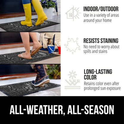 GORILLA GRIP 100% Waterproof All-Season WeatherMax Doormat, US Designed Natural Rubber, Stain and Fade Resistant, Low Profile Indoor Outdoor Door Mats, Easy Clean Patio Mat, 17x29, Charcoal Hello