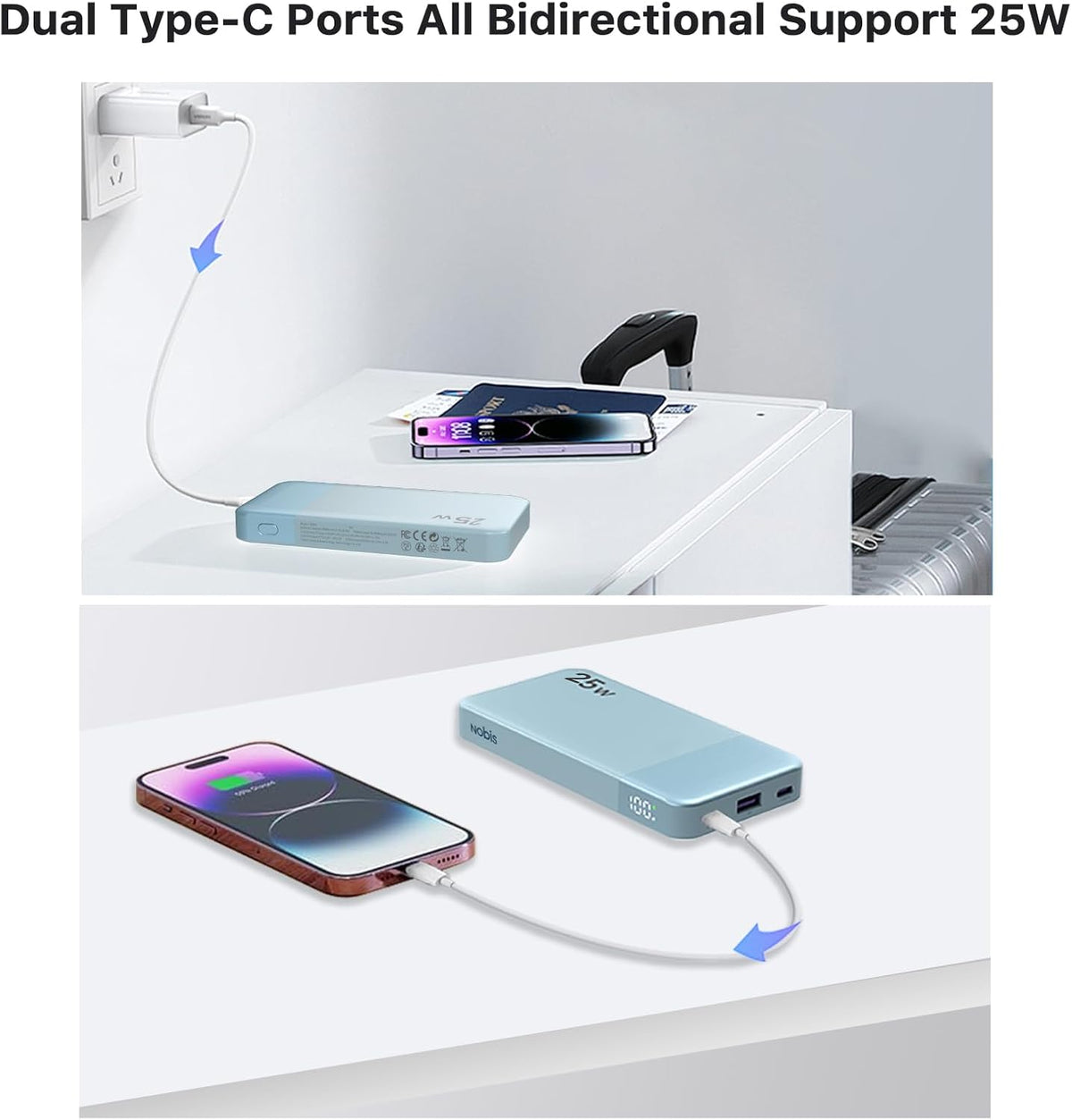 NOBIS Portable Charger, 10000mAh Power Bank Fast Charging, Battery Pack with C to C Cable, Battery Bank with Digital Display for iPhone iPad Android etc (Blue, 25W)