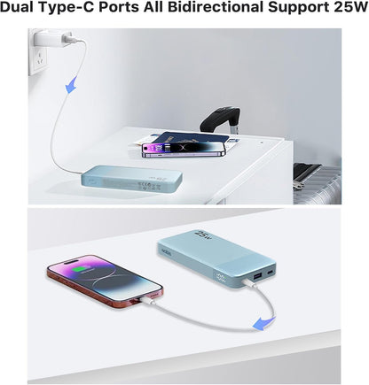 NOBIS Portable Charger, 10000mAh Power Bank Fast Charging, Battery Pack with C to C Cable, Battery Bank with Digital Display for iPhone iPad Android etc (Blue, 25W)