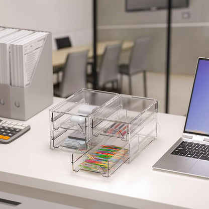 Desk Organizer Drawer Office Storage: 4 Plastic Drawers Organizers for Small Accessories, Clear Box for Stationery Supplies Organization, Storage Acrylic Bins Holder for Classroom Table