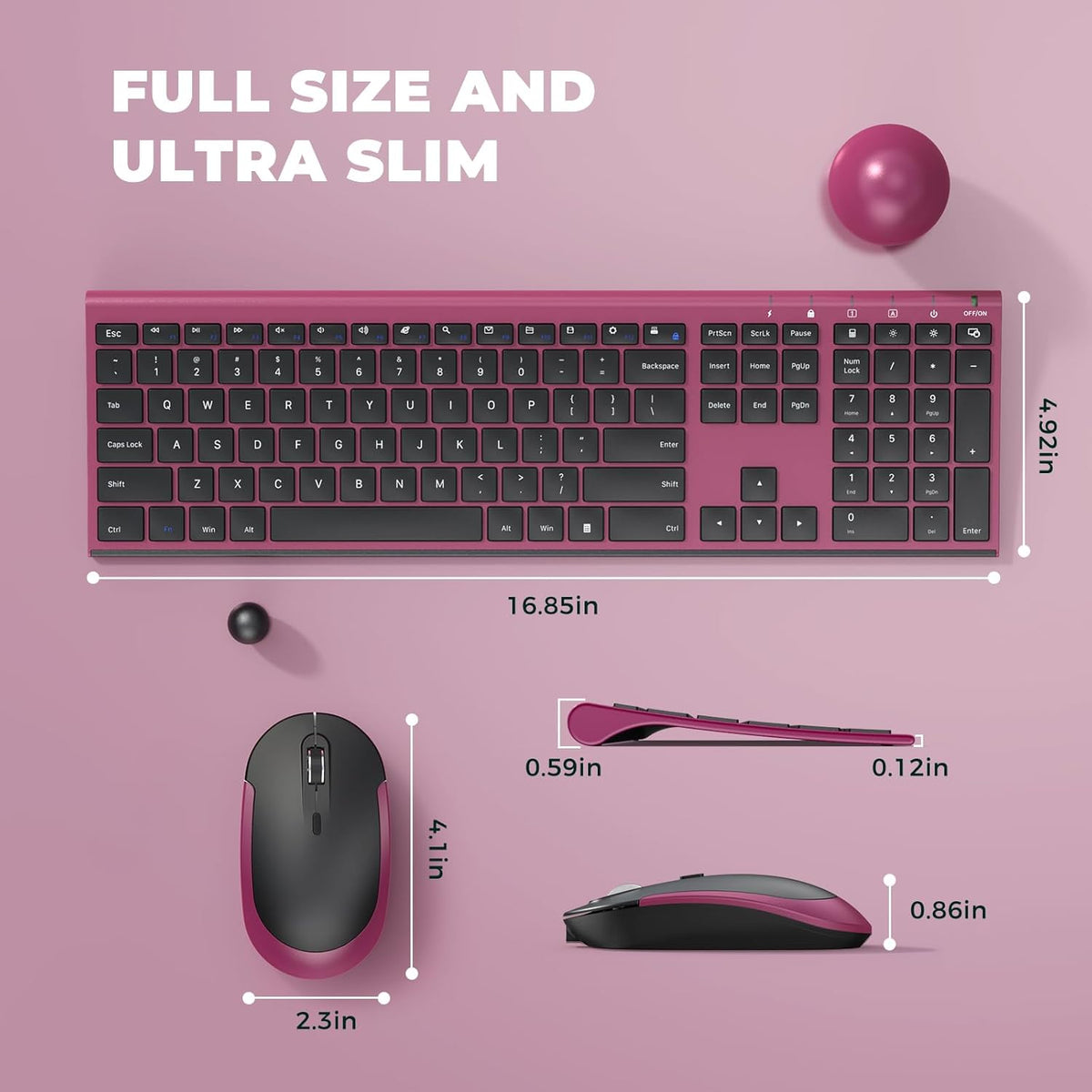 Wireless Keyboard and Mouse, Vssoplor 2.4GHz Rechargeable Compact Quiet Full-Size Keyboard and Mouse Combo with Nano USB Receiver for Windows, Laptop, PC, Notebook-Black and Wine Red