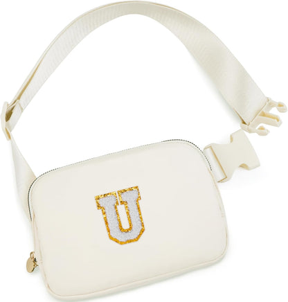 Belt Bag Crossbody Bags for Girls Women - Gifts for 8 9 10 11 12 13 Year Old Girl - Teen Birthday Gifts - Small Waist Packs Trendy Kids Fanny Pack - Initial White U,Cream Bag