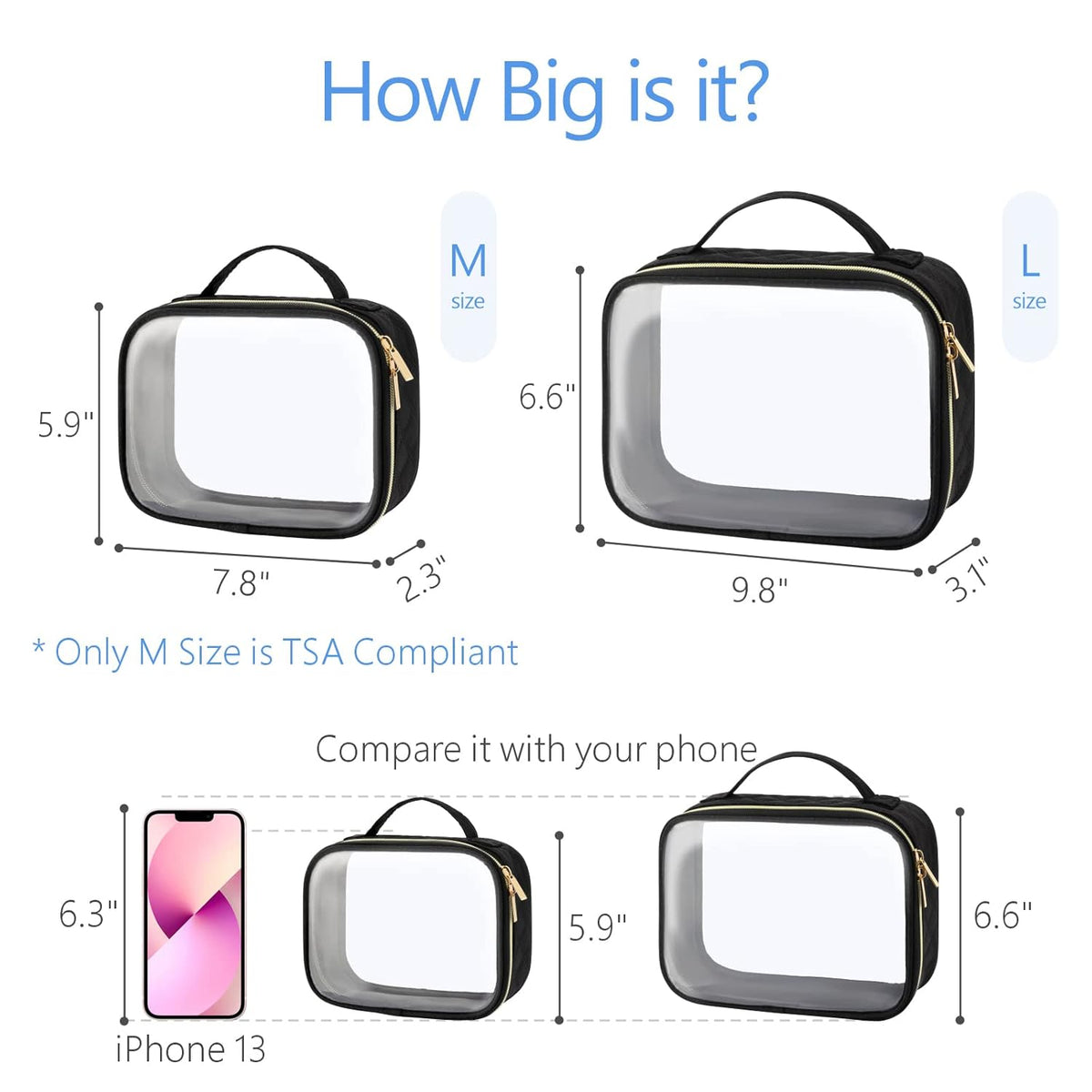 PACKISM Clear Makeup Bag - TSA Approved Toiletry Bag with Handle Large Opening, Clear Toiletry Bags for Traveling Travel Essentials, Travel Bags for Toiletries, Black