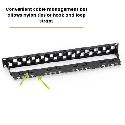 trueCABLE 3-D Staggered 24 Port 19” Toolless Modular Patch Panel, Unshielded, Blank, 1U Rack Mount, with Cable Management Bar, High Density, Black