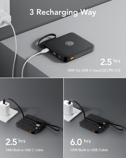VRURC Portable Charger with Built-in Cable, 10000mAh 22.5W Fast Charging USB C Battery Pack, Cell Phone Power Bank for iPhone 17 16 15 Samsung Galaxy S25 S24 S23 Series Android Tablet, Black(1 Pack)