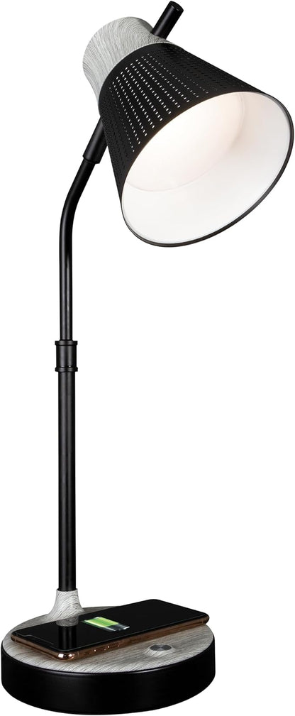 OttLite Wellness Series Wireless Charging LED Table Lamp, Black with Grey Woodgrain Accents,Touch Activated Controls, Flexible Neck, ClearSun LED Light, for Work, Study, Reading…