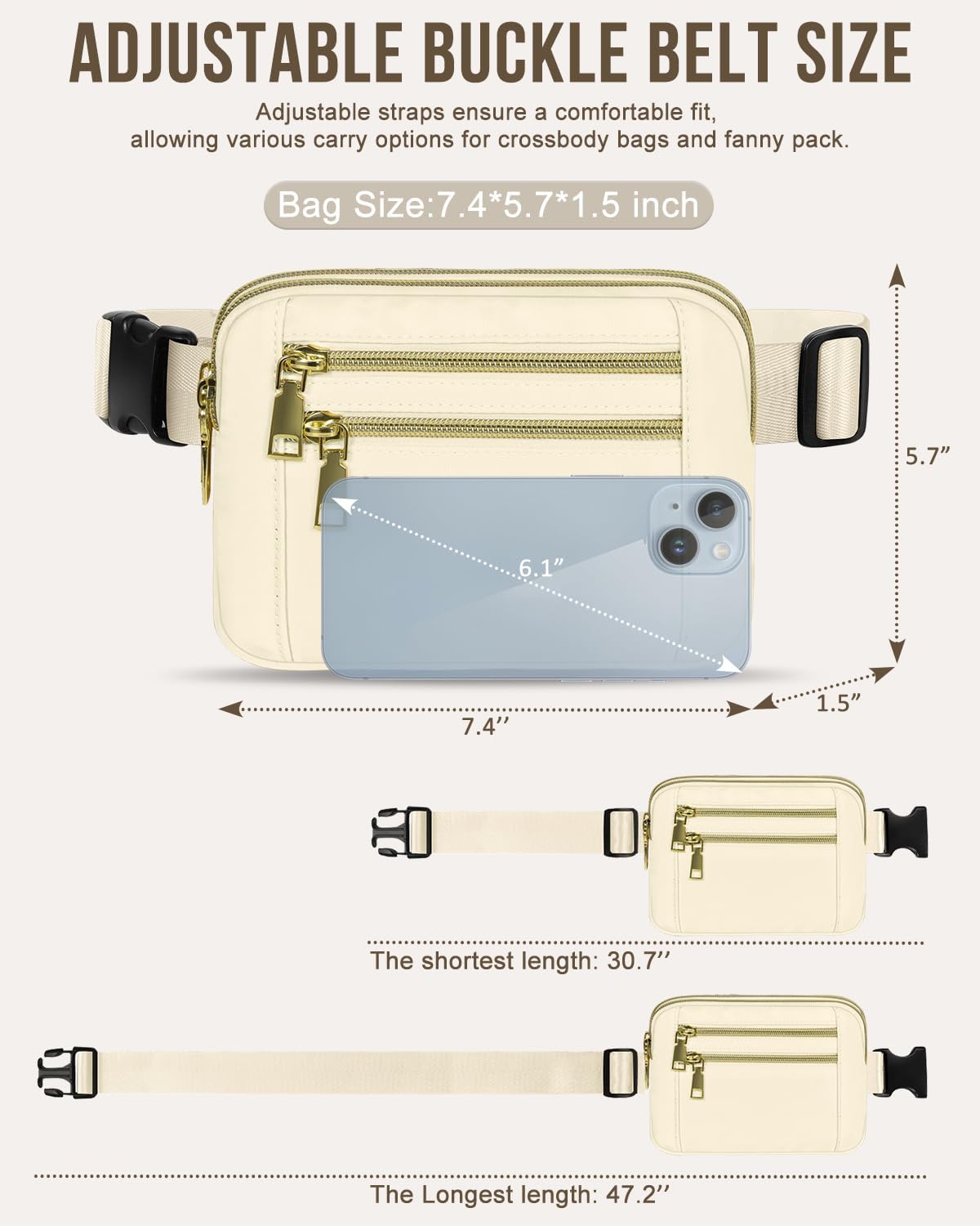 Capolo Fanny Packs for Women Fashion Waist Packs Bag with Adjustable Strap and 4 Zipper Pockets Waterproof Everywhere Crossbody Belt Bag for Workout Running Travelling(Ivory)