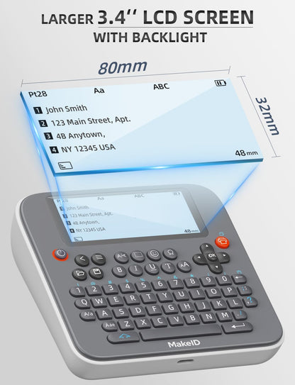 Makeid E1 Portable Label Maker - Bluetooth Compatible Thermal Printer - QWERTY Keyboard, 4.42" LCD Screen - Prints 9mm, 12mm, 16mm Clear Waterproof Sticker Labels - Includes USB Cable