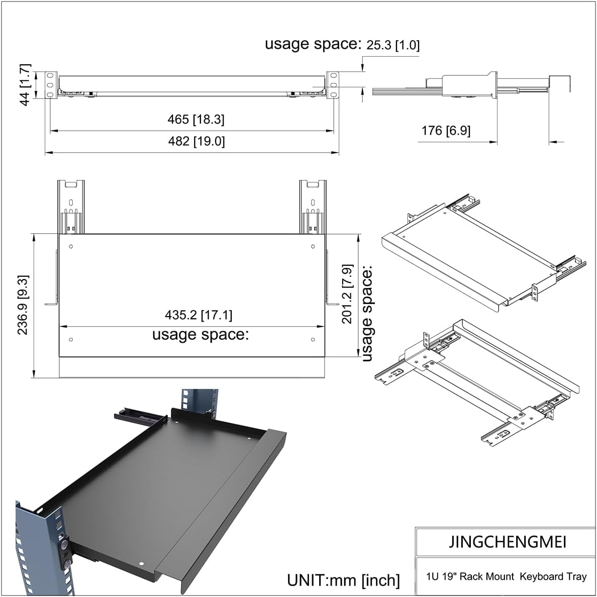JINGCHENGMEI 1U Keyboard Tray 8" Deep -Universal 19" Rack Mount Sliding Shelf for Network Equipments Server Rack or Cabinet (8inch)