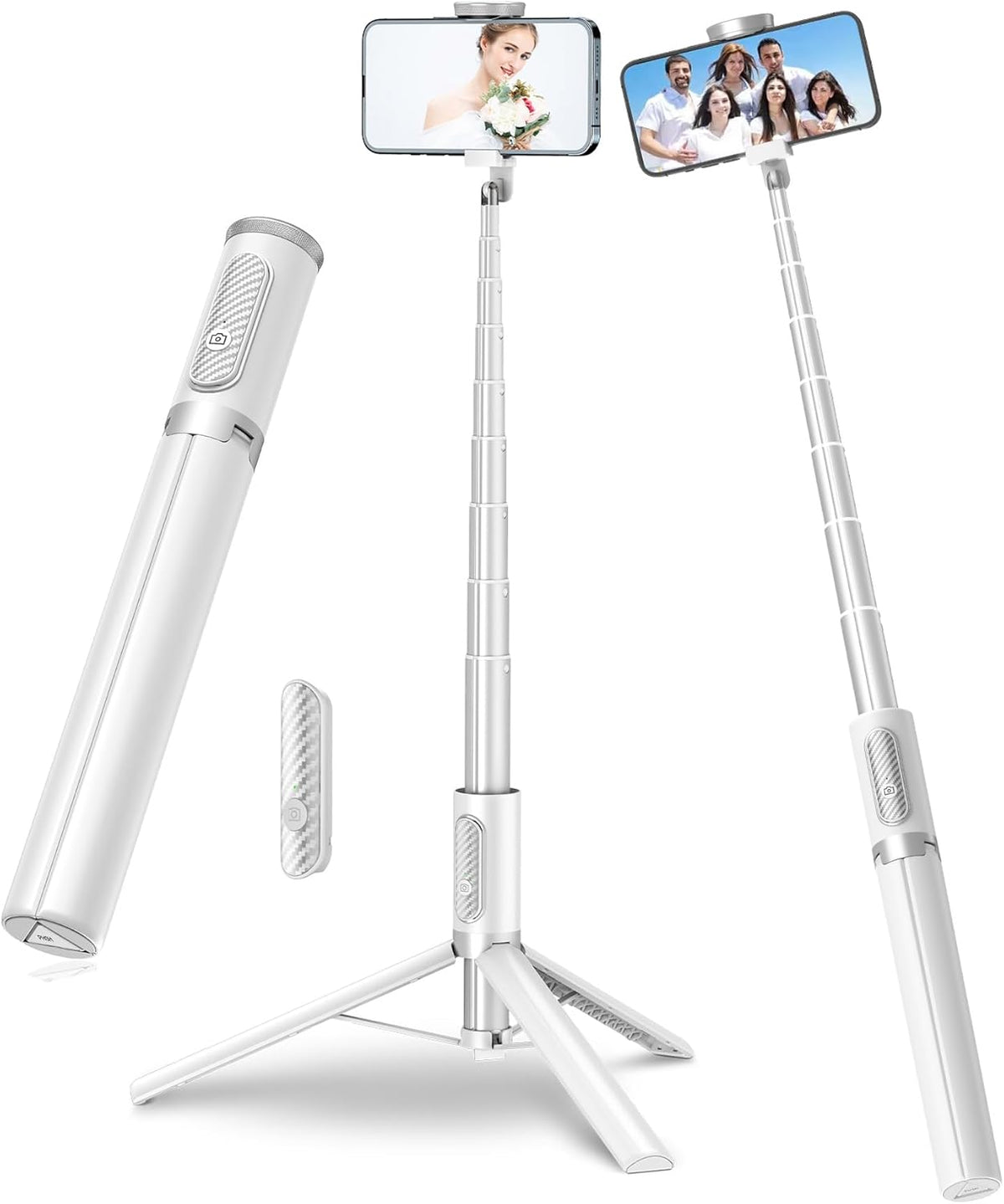 TONEOF 67" Travel Tripod,Selfie Stick,All-in-1 Phone Stand with Integrated Wireless Remote,Lightweight and Portable,Extendable for iPhone and Android(White)