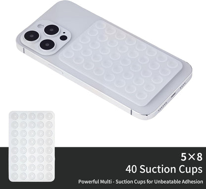2 Pack Silicone Double-Sided Suction Grip – 40 Cups per Side, Strong Hold for iPhone, Galaxy, Pixel, Android – Hands-Free for Selfies & Videos (Clear)