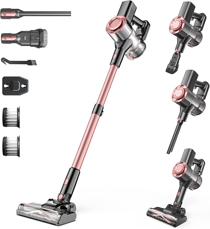 Cordless Vacuum Cleaner, Powerful Lightweight Stick Vacuum with Self-Standing, Anti-Tangle, 8-in-1 Rechargeable Vacuum Cleaners for Home, Hardwood Floors, Carpet, Pet Hair (Pink)